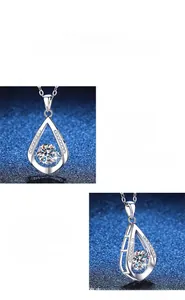 Detailed close-up of water drop moissanite pendant with polished S925 sterling silver frame