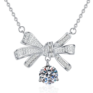 Sparkling S925 sterling silver bow pendant necklace with a 2-carat round moissanite stone