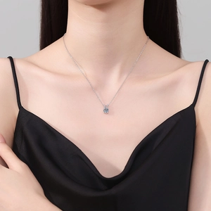Classic S925 sterling silver necklace with a 1 carat round moissanite rabbit ear pendant