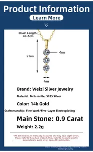 Detail view of 0.9ct moissanite pendant in S925 silver with 14k gold plating and dimensions