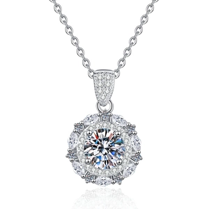 Radiant S925 sterling silver sunburst pendant necklace with a brilliant round moissanite
