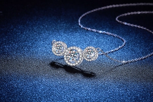 Detailed close-up of a 2-carat moissanite pendant with halo setting on S925 silver chain
