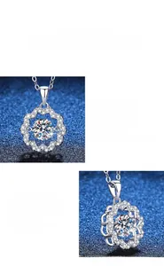 Detailed close-up of S925 silver necklace with sparkling 1ct moissanite flower pendant