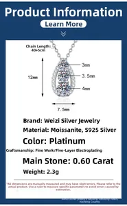 Detailed size specifications and material parameters for the pear-cut moissanite necklace
