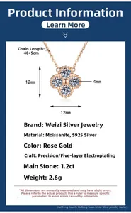 Macro detail of rose gold S925 silver clover necklace with 1.2ct moissanite dimensions