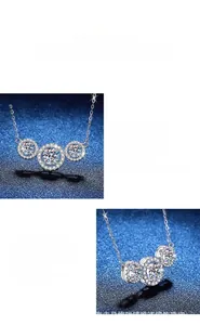 Macro detail of a 2-carat S925 silver necklace featuring three premium moissanite stones