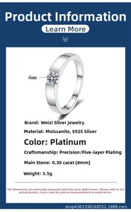 Detailed chart showing 30pt Moissanite S925 silver ring specifications and 5-layer plating