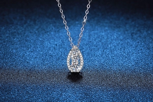 Detailed close-up of water drop sterling silver necklace with three gradient moissanite stones