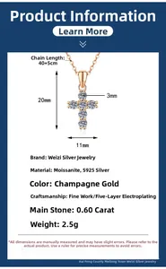 Detailed size specifications for 925 sterling silver moissanite cross pendant necklace