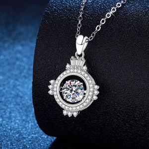 S925 silver moissanite dancing stone pendant necklace on dark blue sparkling backdrop
