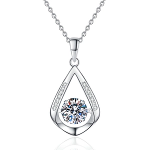 Dancing Moissanite pear-shaped sterling silver necklace with a brilliant round center stone
