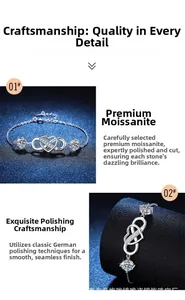 Detail of s925 silver bracelet featuring heart and infinity design with round moissanite
