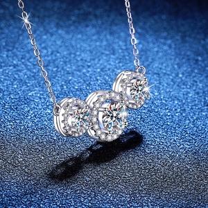 Elegant 925 sterling silver necklace featuring three round-cut 2-carat moissanite stones
