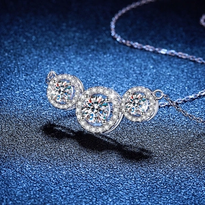 Three-stone cluster S925 silver necklace with 2-carat Moissanite round pendants