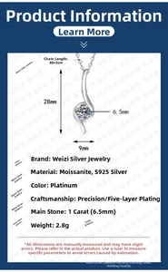 Detailed specification of S925 silver moissanite necklace with 1ct pendant and 40+5cm chain