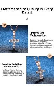 Detail of rose gold moissanite cross pendant showing polished finish and side view