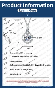 Dettaglio della collana con ciondolo in argento S925 moissanite 1ct e misure dimensionali