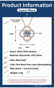 Detailed infographic of 1ct moissanite necklace showing 14mm clover pendant and 45cm chain