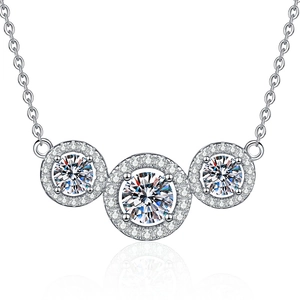 Classic S925 sterling silver necklace featuring three round 2 carat Moissanite stone pendants