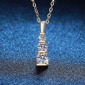 925 Sterling Silver 14K Gold Plated Moissanite Pendant Necklace For Women Elegant Three Stone Vertical Jewelry Gift