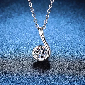 S925 sterling silver musical note pendant necklace with a 1ct round brilliant moissanite stone
