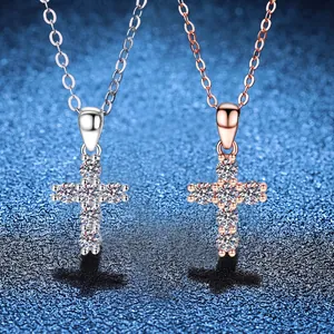925 Sterling Silver Moissanite Cross Pendant Necklace For Women Round Brilliant Cut D Color Moissanite Inlaid Jewelry Gift