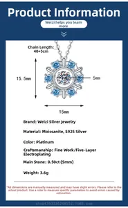 Detail showing 50-point moissanite snowflake pendant with S925 silver 15.5x15mm dimensions