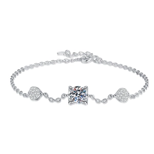 S925 sterling silver heart bracelet with a brilliant round moissanite center stone