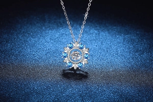 Detailed macro view of S925 silver snowflake pendant with blue and white moissanite