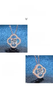 Detailed view of rose gold four-leaf clover pendant with round brilliant moissanite stone