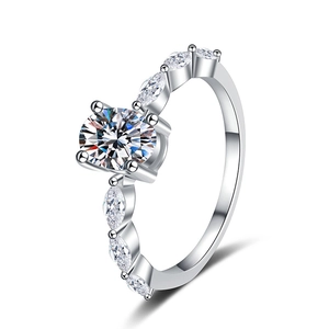 Elegant S925 sterling silver ring with 1 carat round moissanite and marquise side stones