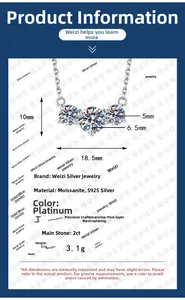 Detailed infographic of S925 silver necklace featuring three D color Moissanite stones