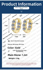 Detailed technical drawing of 1.2ct moissanite S925 silver earrings with measurements