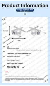 Detailed technical drawing of S925 silver X-shaped earrings with pearls and moissanite stones