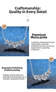 Macro shot of D color moissanite necklace with five-stone setting and polished silver finish