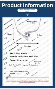 Détails des dimensions du collier en argent 925 et du pendentif moissanite 1 carat