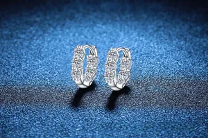 Close-up of S925 sterling silver hoop earrings with double row Moissanite pavé stones