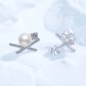 S925 sterling silver butterfly X-shape earrings with moissanite and freshwater pearls