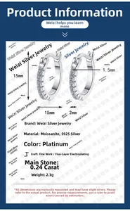 Detailed specs showing 15mm S925 sterling silver moissanite hoop earrings