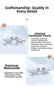 Macro detail of X-shaped silver earrings with freshwater pearl and Moissanite stone
