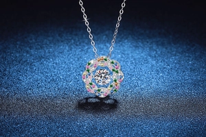 Detail of S925 silver dancing star pendant with moissanite and multi-color stones