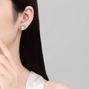S925 sterling silver pearl earrings with a sparkling crisscross diamond accent for women