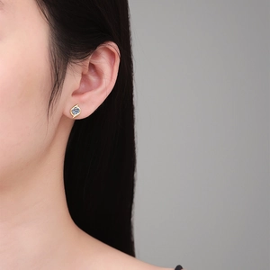 Elegantly designed S925 silver 1ct Moissanite stud earring worn by a model in soft light