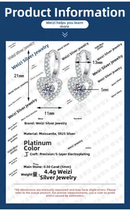 Detailed size specifications for heart-shaped 925 sterling silver moissanite earrings