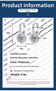Spécifications de taille pour boucles d'oreilles Moissanite en argent S925, 19mm x 9mm