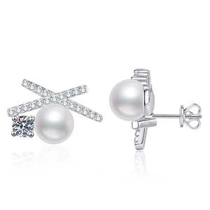 Elegant S925 sterling silver butterfly X-shape pearl earrings with Moissanite stone
