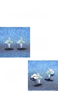 Detail view of S925 sterling silver four-point star earrings with blue Moissanite stones