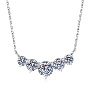 S925 sterling silver necklace with five graduated Moissanite stones in a smile curve
