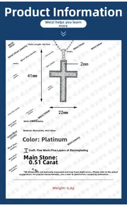 Détails du collier croix en argent s925 avec moissanite, hauteur 41mm et chaîne de 40+5cm