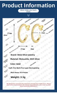 S925 silver hoop earrings with gold plating and moissanite detailing specifications